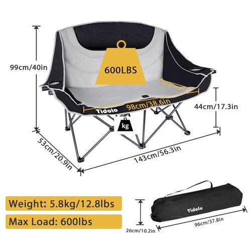 Double Camping Chairs, Oversized Loveseat Camping Chairs for Adults, Outdoor Folding Chairs Lawn Chairs Camping Couch with Cup Holder & Wine Glass Holder for Outside - Support 600Lbs (Grey)