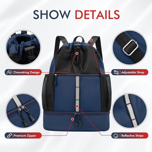 PinCute Drawstring Gym Bag for Men/Women - Mesh Beach Swim Backpack Sports Draw String Back Bags with Wet Pocket&Shoe Compartment, Lightweight