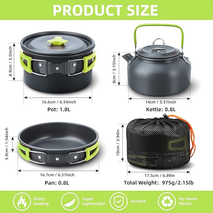LIXADA 16pcs Camping Cookware Mess Kit, Non-Stick Lightweight Pot Pan Kettle Set with Stainless Steel Plates Forks Knives Spoons, Portable Camping Cooking Set for Outdoor Backpacking Hiking Picnic
