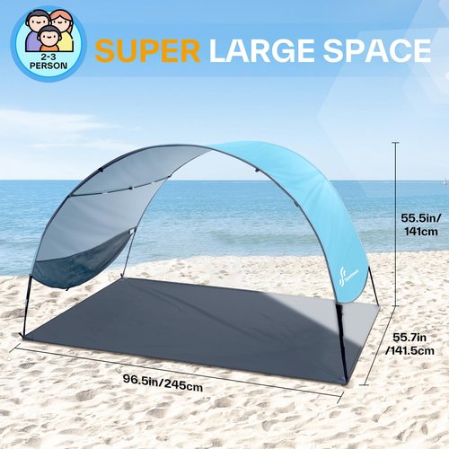 Sportneer Beach Tent Sun Shelter: UPF 50+ UV Protection Beach Canopy Tent Sun Shade for 2-3 Person, Easy Set Up Canopy with 8 Wind Ropes and 12 Ground Stakes, Size 96.5''x55.7''