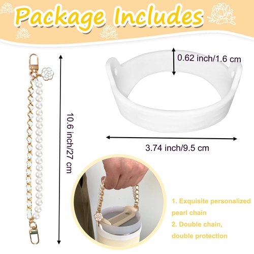 DLDXGXNR Pearl Cup Strap Fits Most 8-40 oz Bottles Pearl Water Bottle Handle Strap Tumbler Carrier Leather Chain Strap Compatible with Stanley Cup Accessories(White)