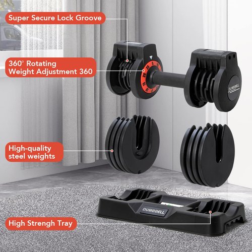 25/55 lbs Pair Adjustable Dumbbells Set, Adjustable Weights Dumbbells Set for Men and Women with Anti-Slip Fast Adjust Weight by Turning Handle,Black Dumbbell with Tray