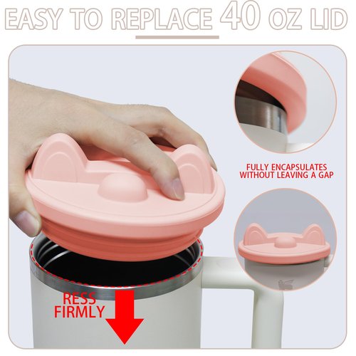 SEMSOIIO 40 oz 64 oz Stanley Cup Silicone Replacement Lid with Straw Spout, Cell Phone Holder Lid (Pink)