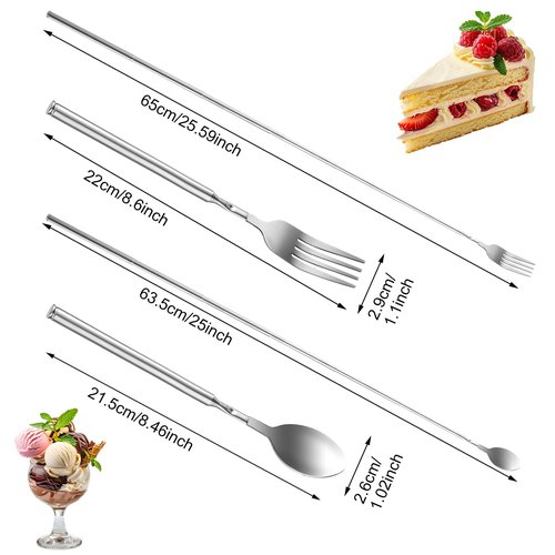Gjinxi 2PCs Extendable Fork and Spoon, Long Handle Telescoping Tableware, Stainless Steel Retractable Fork and Spoon Extender Set for Dinner, Fruit, Dessert, BBQ