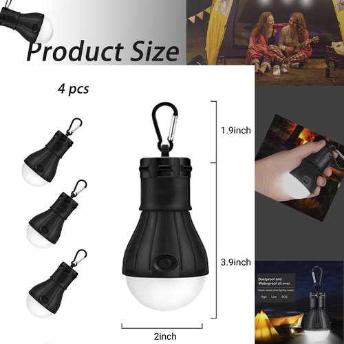 4 Packs LED Camping Lights ,Camping Gear, Camping Tent Lantern Tent Lights Portable Outdoor Waterproof Emergency Light Bulb,Super Bright, for Hiking, Party,Camping, Fishing, Power Failure (Black )