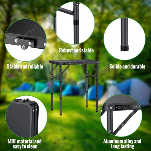 GARLLEN 2ft Folding Camping Table, 3 Adjustable Height Lightweight Folded Picnic Table, Portable Aluminum Grill Table for Camping, BBQ, Outdoor, 22.8" L x 15.7" W, Black