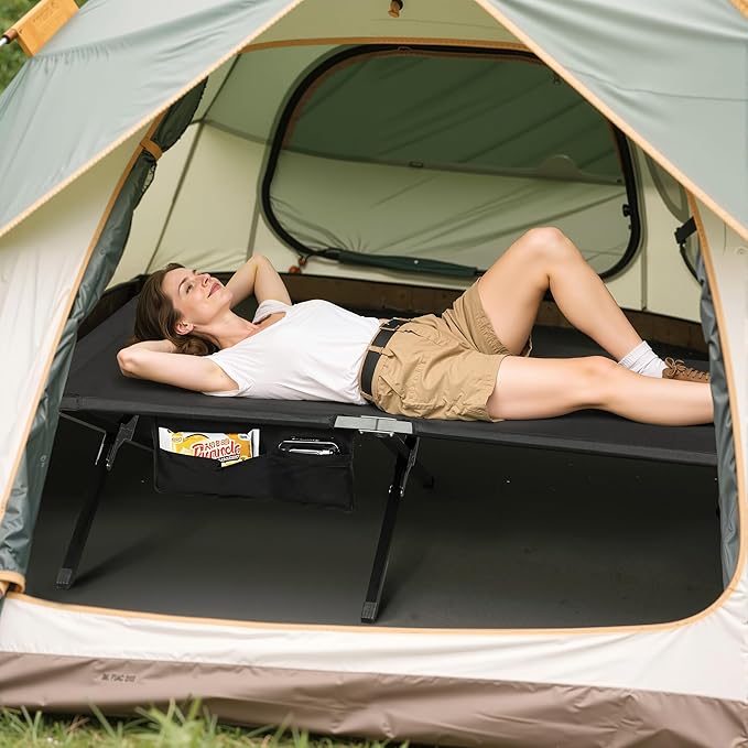 WLIVE Military Camping Cot, Portable Folding Cots for Sleeping with Carry Bag, Outdoor Camping Bed for Adults with Side Pocket, Support 300 Lbs, Black