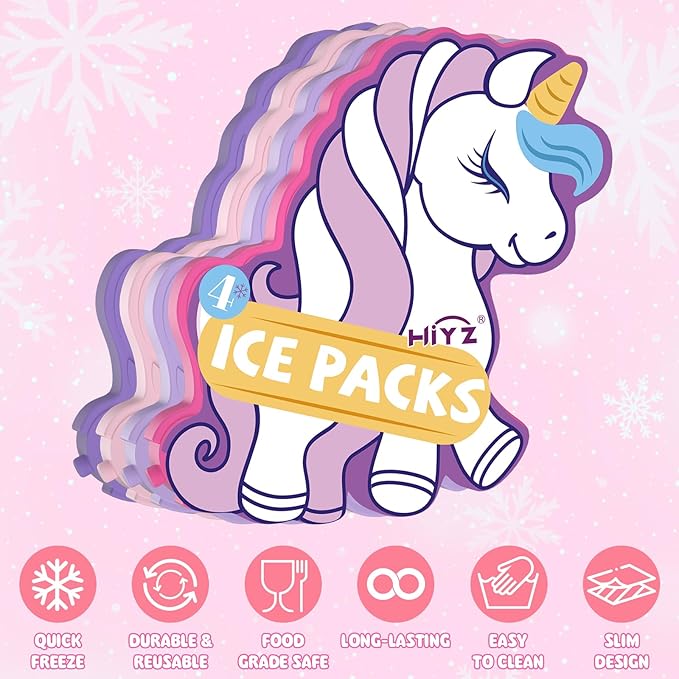 HiYZ Unicorn Ice Packs for Lunch Boxes - Reusable Kids Ice Packs - Quick Freeze, Space Saving, Long-Lasting Cooler for Lunch Box, Thin Ice Packs Ideal for Travel, Picnics, and School