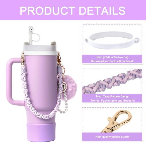BELSITA Stanley Cup Accessories Set, Pom Pom Pearl Chain Braided Design Water Bottle Handle Strap, Silicone Stanley Cup Boot, Stanley Charms for Stanley Cup 30/40oz Tumble (Purple)