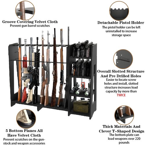 Prometis Gun Storage Racks - Freestanding Floor Wooden Rifle Rack with Pistol Shelves, 9+8 Slots Adjustable Height Storage Solutions and Gun Room Display Stand, Holds up to 9 Long Guns and 8 Handguns
