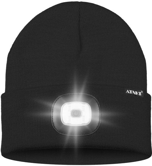 ATNKE 2Pcs LED Lighted Beanie Hat,USB Rechargeable 4 LED Running Headlamp Bright Cap with Light Gifts for Men and Women/#Black