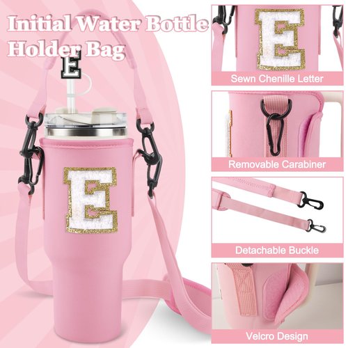 Personalized Initial A-Z Water Bottle Holder Bag for Stanley 40oz Tumbler, Initial Water Bottle Carrier Bag with Strap, 2 Straw Cover Cap &2 Letter Chains for Stanley Cup Accessories(Pink-White E)