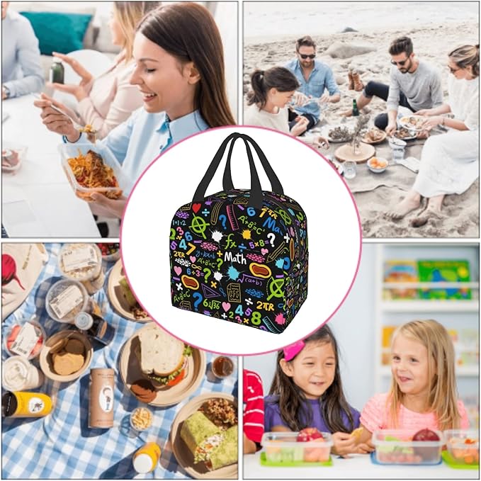 Imiss Math Education Lunch Bag Colorful Formulas Calculations Lunch Box with Front Pocket Reusable Thermal Cooler Bag for School Work Picnic Travel Meal Prep Bag