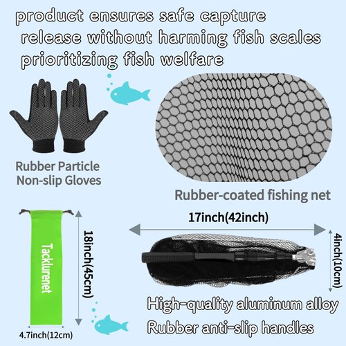 Tacklurenet Folding Kayak Fishing Net With Telescopic Handle - Three Adjustable Sizes 50in-38in-30in - Rubber Granule Nonslip Gloves and Storage Bag Included