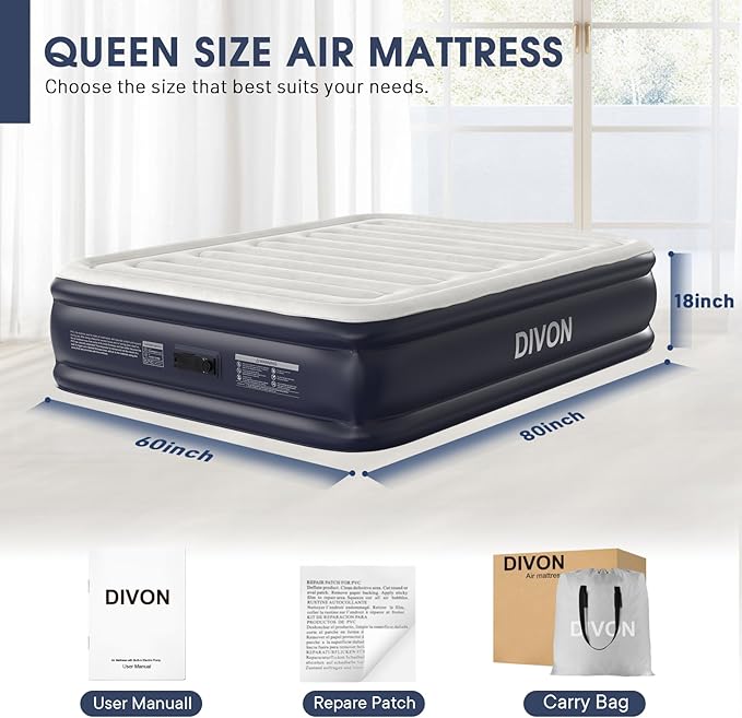 Air Mattress Queen With Built In Pump,18''Raised Blow Up Mattress 2 Mins Self-Inflation/Deflation,Upgraded Thicker Inflatable Mattress,Air Bed with Storage Bag for Guests,Home,Camping,660 lbs Max