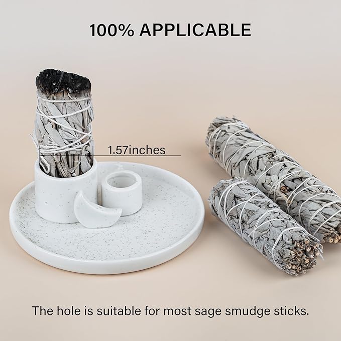 ZenBless 4 in 1 Incense Burner Holder, Palo Santo Holder, Sage Holder for Burning, Incense Holder for Sticks, Candle Holder, 5.9 inches Ceramic Ash Catcher Tray for Meditation Yoga Room(White)