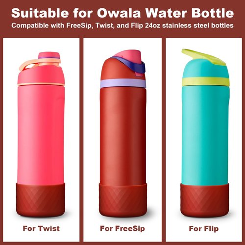 2PCS Silicone Water Bottle Boot for Owala 24oz, Protective Bottom Bumper Anti-Slip Sleeve for FreeSip, Twist, and Flip Stainless Steel Bottles, Dishwasher Safe and BPA Free(Dark Red)