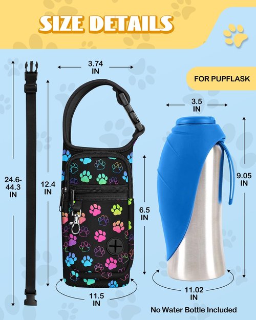 Toykee Portable Dog Water Bottle Carrier Bag for PupFlask 27oz - Travel Bottle Purse Sling with Phone Pocket Strap, Cute Colors Paw Black Pet Bottle Holder Cover for Easy Walking Hiking