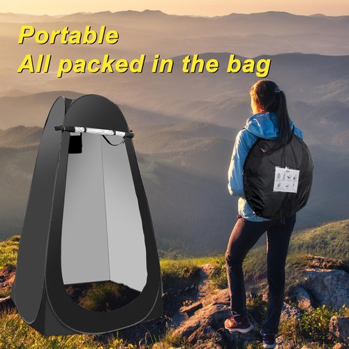 Portable Camping Bathroom Shower Tent Kit, Outdoor Pop Up Privacy Changing Tent with 5 Gallon Shower Bag-(Nozzle Upgraded)(Black)