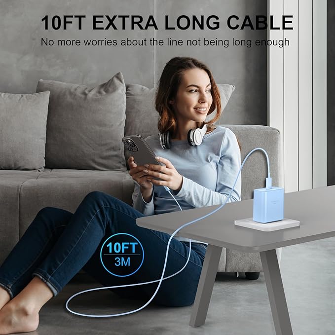 Phone 16 Pro Max Charger Fast Charging, 45W USB C Phone 16 Super Fast Charger Block with 10ft Long Type C Charging Cable Cord for Phone 16/16 Pro/16 Pro Max/16 Plus, 15/15 Pro Max/Pro/Plus-2pack Blue