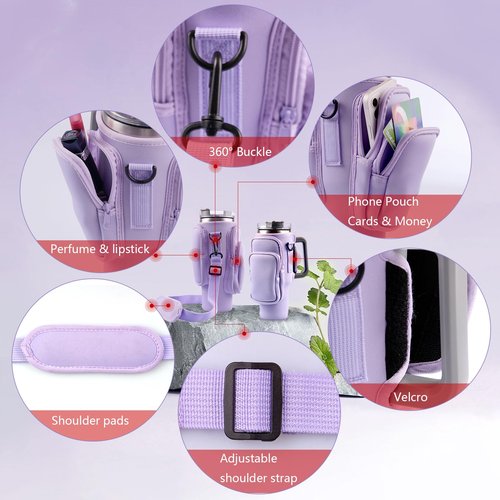 Stanley Water Bottle Carrier Bag with Phone Pocket, 40 oz, 3 Pockets (Purple)