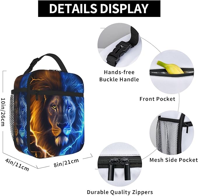SARA NELL Cool Lion Insulated Lunch Bag Ice and Fire Lion Lunch Cooler Box for Women Men Teens Kids, Reusable Lunch Tote Bag, Thermal Insulated Lunch Bags for Work, Picnic, School or Travel