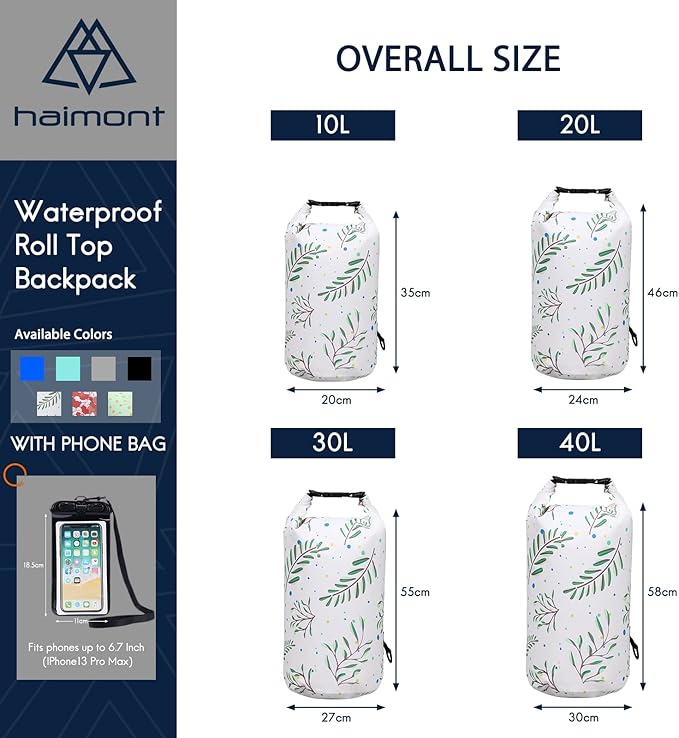 Haimont Waterproof Dry Bag Floating Dry Sack Roll Top Drybag Backpack for Kayaking, Rafting, Boating, Fishing with IPX8 Waterproof Phone Case, Palm Leaves, 40L