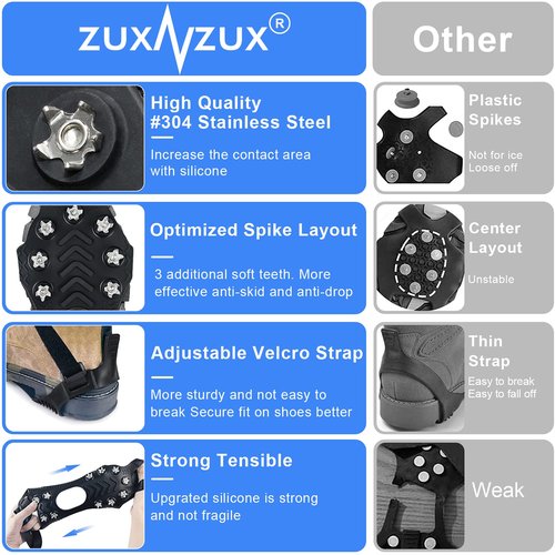 ZUXNZUX Crampons, Ice Cleats for Shoes and Boots, Silicone Stainless Steel Grippers Shoe Spikes Grips Traction for Snow, Winter Hiking Climbing Ice Fishing