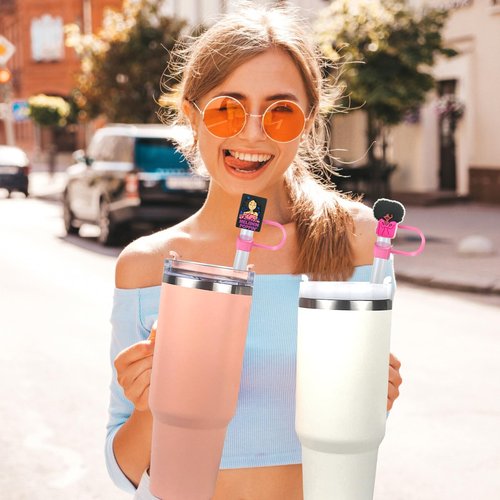 6 Pink Black Girl Straw Covers - Compatible with Stanley Cup, Reusable Silicone Straw Cover fits 0.4 Inch Straws