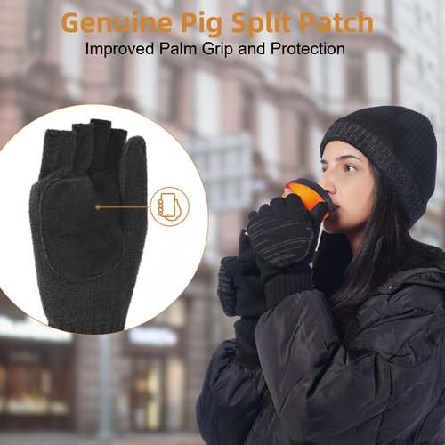 BERGWEISER Flip Winter Gloves, Wool Fingerless Gloves for Women Men Cold Weather, Mittens with Reflective for Christmas Gifts