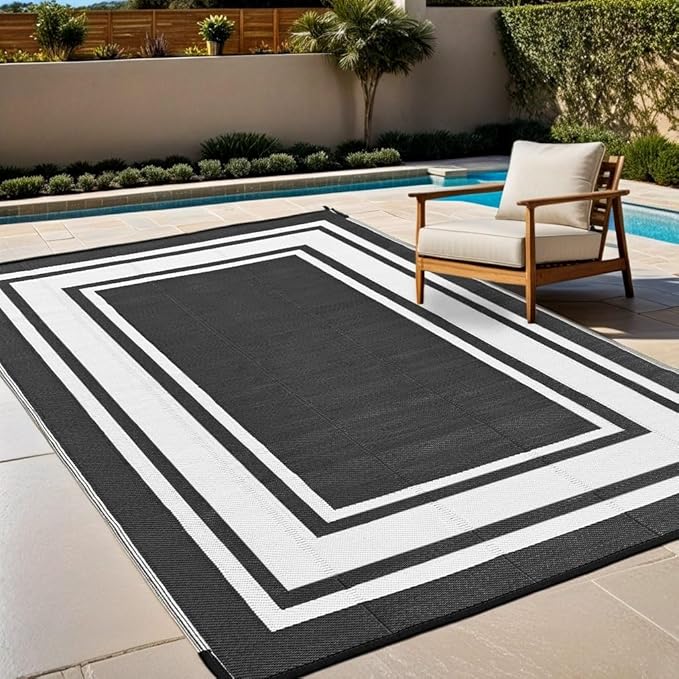 RURALITY Outdoor Rug 9x12 Waterproof for Patio Clearance,Large Plastic Straw Mat for Camping,Porch,RV,Reversible,Black and White