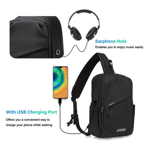 MOSISO Sling Backpack Travel Hiking Daypack,Large Crossbody Sling Bag with USB Charging Port for Men Women 3 Layer Pockets One Shoulder Bag for Outdoor Sports Casual Commuting, Black