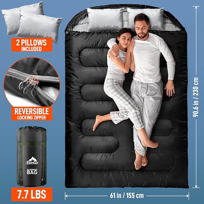 MEREZA Double Sleeping Bag for Adults Mens with Pillow, XL Queen Size Two Person Sleeping Bag for All Season Camping Hiking Backpacking 2 Person Sleeping Bags for Cold Weather & Warm