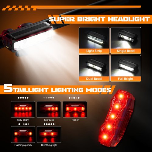 Bike Lights, Bike Lights for Night Riding, Aluminum Alloy USB Rechargeable Bike Headlight and Tail Light, IPX5 Waterproof Bicycle light Front and Back, LED Bike Light Front and Rear Set for Adults Kid