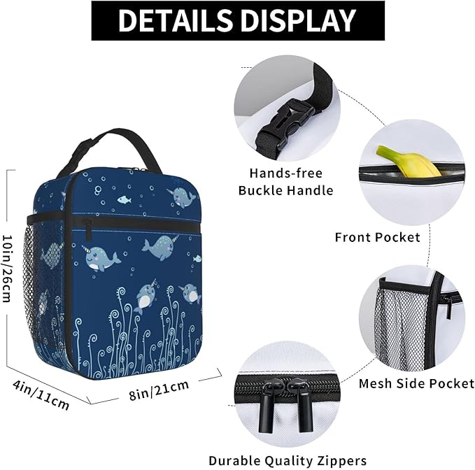 Cute Sea Narwhal Lunch Box Reusable Insulated Totes Lunch Bag Thermal Cooler For Boy Girls School Men Women Beach Picnic Travel