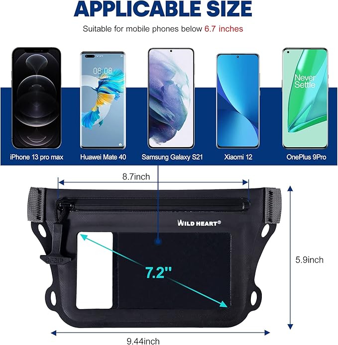 WILD HEART Waterproof Waist Bag IPX8 with Adjustable Waist belt Screen Touchable Dry Bag Double Inner Pocket for Swimming Diving Floating Rafting Boating