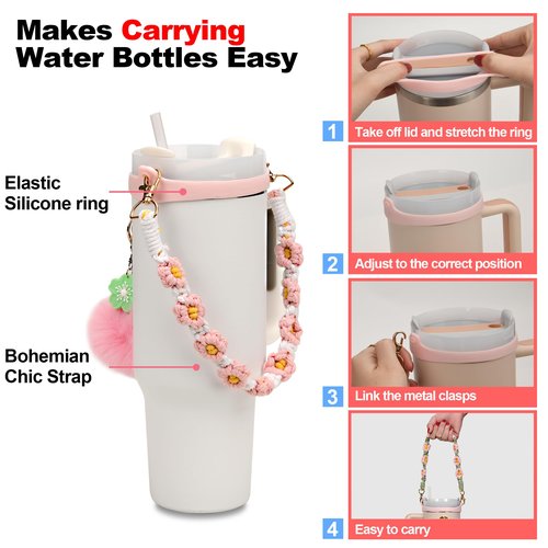 Wongeto Stanley Cup Accessories Set Including Water Bottle Handle Strap, Stanley Charms Cute Keychain for Stanley 30oz 40oz Tumbler Stanley Accessories- Woven Stanley Handle Strap(Pink)