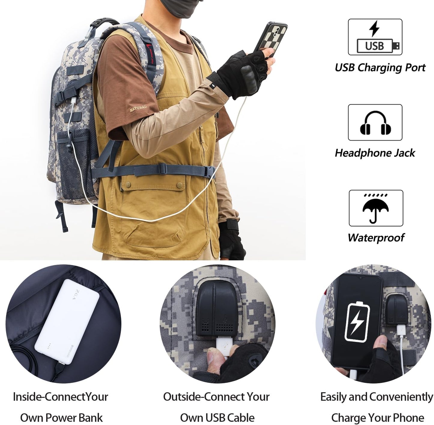 outdoor plus Camo Backpack,Military Boys Backpacks for School,40L Army Bookbag with USB Charging Port Waterproof