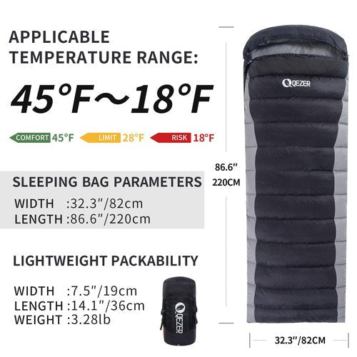 QEZER Down Sleeping Bag for Adults 600 Fill Power Cold Weather Ultralight Sleeping Bag with Compression Sack for Backpacking, Camping, Hiking