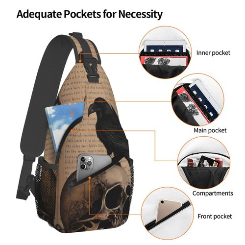 PVTIONXIE Edgar Allan Poe The Raven Skull Crossbody Chest Bags for Women, Small Crossbody Shoulder Bag Sling Bag Travel Hiking Daypack