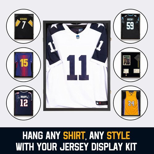 BAIJIALI Jersey Wooden Frame Display Case -Shadow Box with 98% UV Protection Acrylic and Hanger for Baseball Basketball Football Hockey Sport Shirt and Uniform (1)