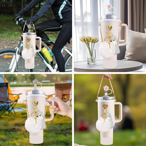 Velaco 11 PCS Accessories for Stanley Cup, Water Bottle Handle Strap for Stanley 30/40 oz tumbler with handle, including Straw Toppers, Silicone Cup Boot, Keychain Charms - White