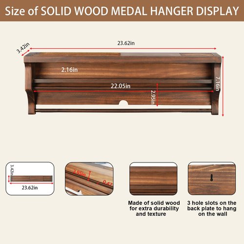 IHEIPYE Solid Wood Medal Hanger Display Shelf Medal Holder, Wall Mount Medal Rack Display Holder for Runners, Marathon, Race Winner,Soccer, Football, Gymnastics & All Sports-Walnut