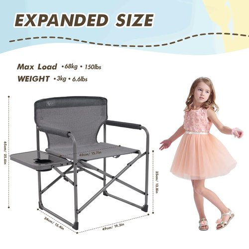 Busy Bee Kids Director Camping Chair with Foldable Side Table, Lightweight, Flat Folding, Compact and Portable, Perfect Kid Beach Chairs, Supports 150 Lbs.