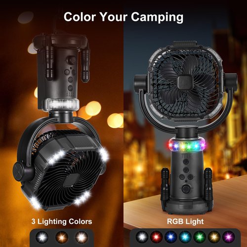 Odoland 20000mAh Camping Fan with Lantern, 360° Oscillation Rechargeable Battery Operated Outdoor Power Fan with Remote, Hook & RGB Light for Camp, Family Travel and Jobsite, Black