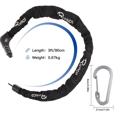 RYACO Bike Chain Lock, Bike Lock with 2 Ways to Unlock,4 Digit Combination Heavy Duty Anti-theft Bicycle Lock with 2 Keys and Carabiner, 3.2Ft High Security Bike Motorcycle Gate Door and Scooter Locks
