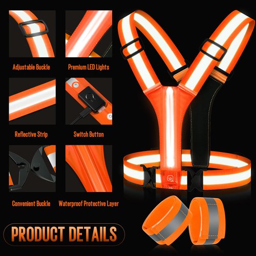 ocuvaep LED Reflective Running Vest Gear, High Visibility Reflective Running Gear, Light Up Running Vest Rechargeable Running Lights for Night Walking Running Cycling