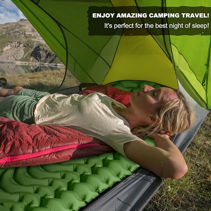 MEETPEAK Camping Sleeping Pad with Pillow, Upgraded 4 Inch Thickness Inflatable Foot Press Camping Mat, Durable Waterproof Lightweight Sleeping Air Mattress for Hiking Backpacking Traveling