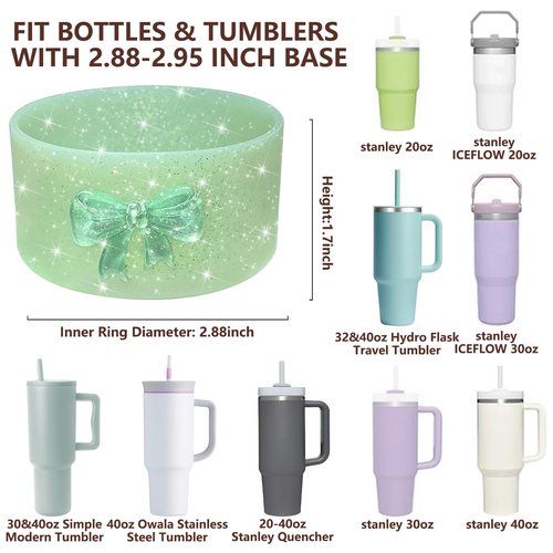 VirgoCCY 2 Pack Bling Glitter Silicone Boot for Stanley Cup 30&40 Oz, 3D Cute Bow Design, Anti Slip Bottom Cover Bumper for Stanley IceFlow 20/30 oz, for Owala Tumbler 40 oz, Green+Yellow