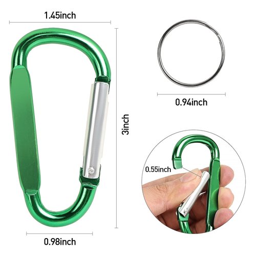 YOKRWO Lightweight Carabiner Clips, 3" Aluminum D Ring Shape Carabeaner Key Clip with Key Ring Keychain Spring Snap Hook Buckle (A-Black+Blue+Green+Purple)